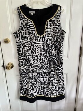 Dress Barn Black & White Abstract Print Mini Dress with Yellow Trim